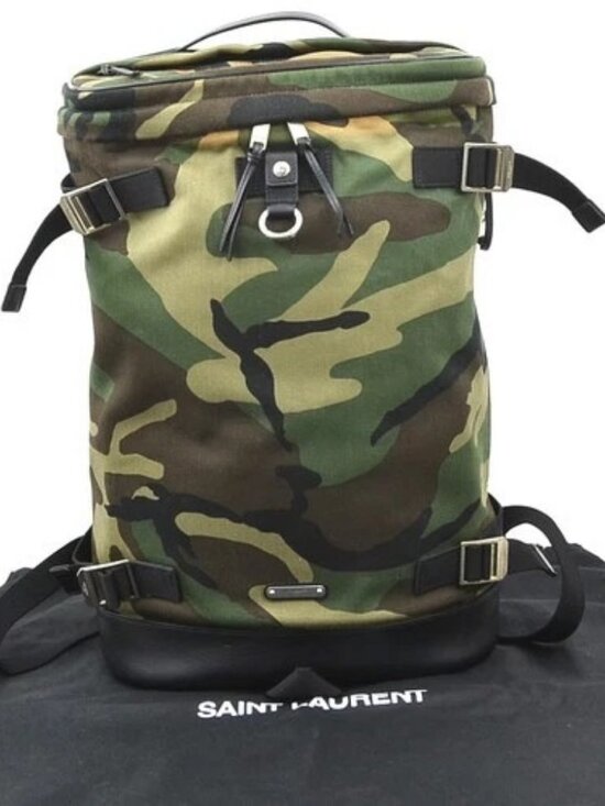 Auth SAINT LAURENT Camouflage Backpack Khaki/Black Canvas/Leather - 56572a main image 8
